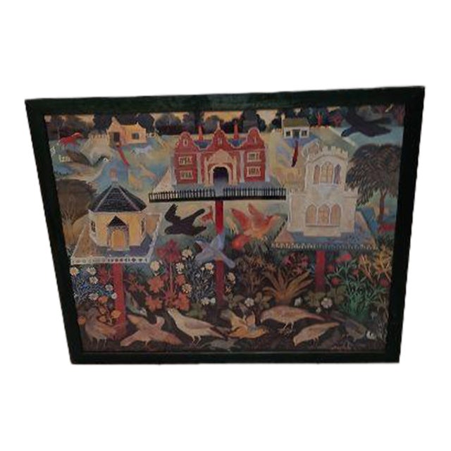 1990s Framed Folk Art Print Titled Bird Tables by British Artist Anna Pugh For Sale
