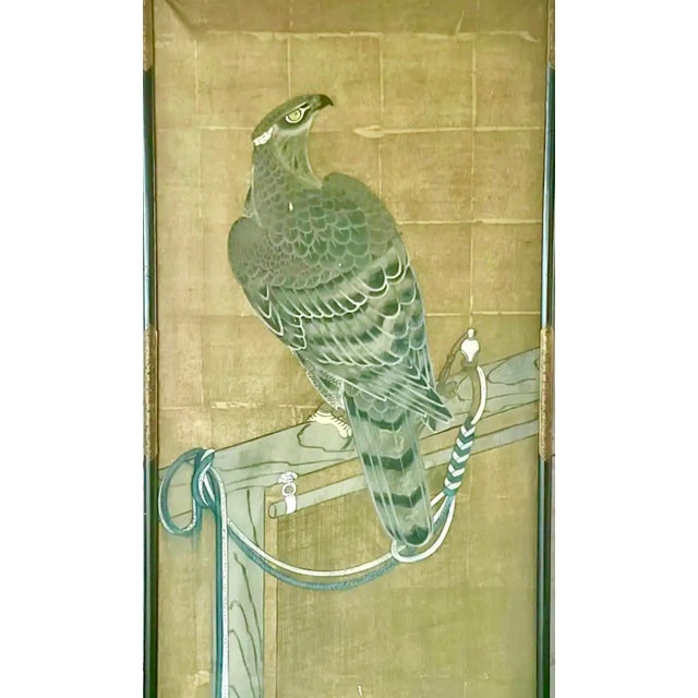 Set of Three Hand-Painted Japanese Watercolor Panels depicting falconry scenes, dating from the early 20th century. Each...