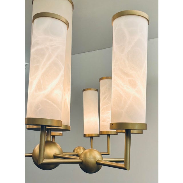 Original retail $14,205, stylish Jean-Louis Denoit for Baker Modern Satin Brass and Alabaster Sodalite Chandelier,...