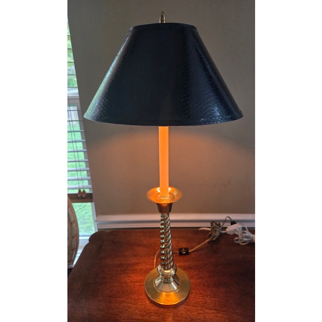 Amazing brass twist table lamp. Tall candlestick style solid brass lamps with textured black and silver lampshade and...