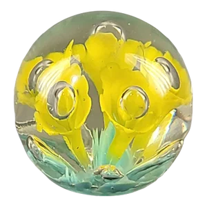 Vintage Controlled Bubble Venetian Paperweight Floral Yellow & Aqua Blue Cala Lilly