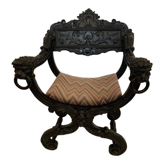 Antique Carved Wood Ebonized Throne Style Desk Chair For Sale