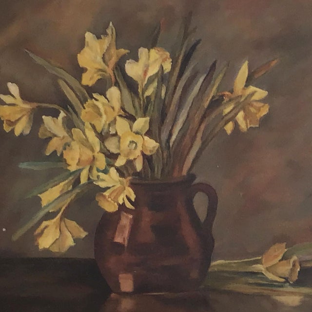 Vintage English Framed Oil Painting of Daffodils in a Brown Jar I inherited this painting from my god mother. It is...