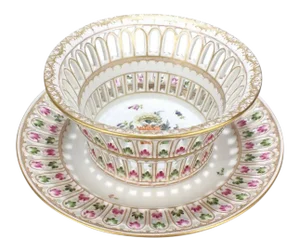 Antique Dresden Porcelain Reticulated Fruit Basket and Stand by Adolf Hamann