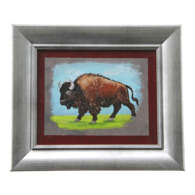 Bison Buffalo Western Landscape Americana Folk Art Pop Art Burnt Umber Green Blue Original Oil Painting Cleo Plowden For Sale