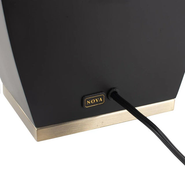 1960s Delacey Table Lamp With Nightlight - Ebony Wood Finish, Weathered Brass, White Linen Shade For Sale - Image 5 of 11