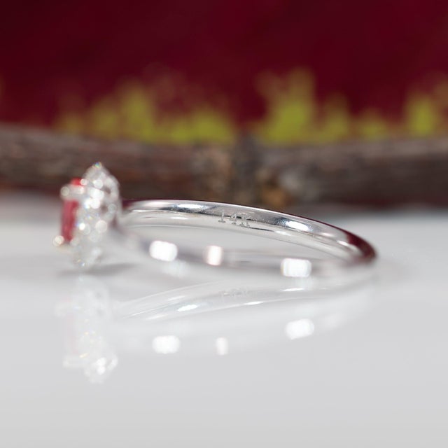 Aaa Padparadscha Sapphire Ring With Natural Diamonds Halo: Solid 14k Gold, 5x3mm, Size 6.75 For Sale - Image 9 of 9