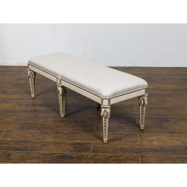 Italian Midcentury Painted Bench with Silver Foliage Carved Legs and Upholstery For Sale - Image 9 of 11