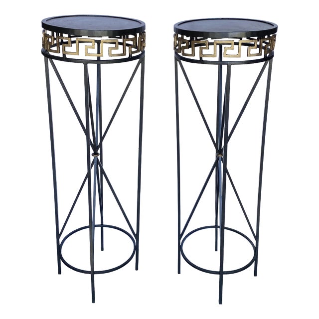 Pair of Regency-Style Art-Deco Forged Iron Pedestals Stands With Greek Keys For Sale