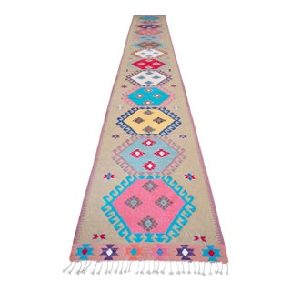 Handmade Silk Flatweave Turkish Kilim Stair Runner Rug Gallery Runner - 3′1″ X 25′2″ For Sale