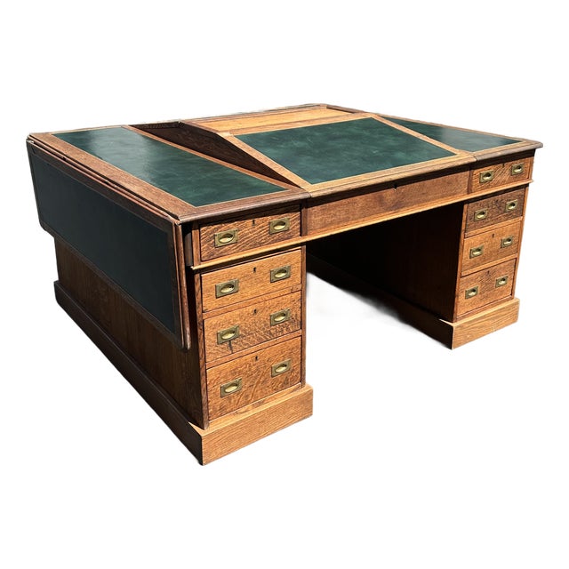 Antique Double Pedestal Partners British Campaign Desk Solid Oak -Rare Antique-Made in England For Sale