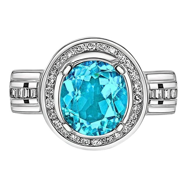 Vintage Retro Style 8 Carat Oval Cut Blue Zircon with Diamond Halo in Platinum &, Size 8.25 For Sale