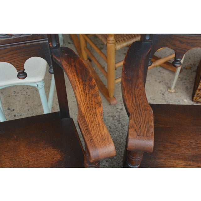 Burnt Umber 1940s Vintage Carved Pair of j.e. Ware Furniture Wainscot Wood Side / Dining Chairs Medieval / Thrones For Sale - Image 8 of 16