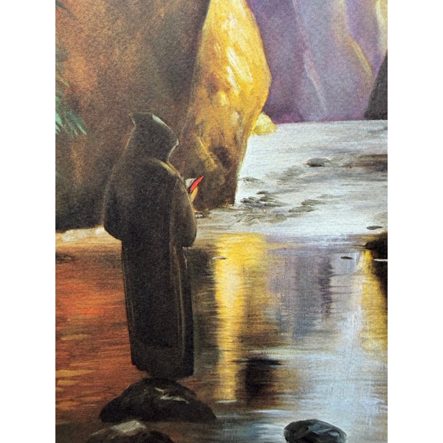 Vintage Lithograph print of a folk art portrait of a monk by a still pool of water by a Franciscan monk from Missouri, the...