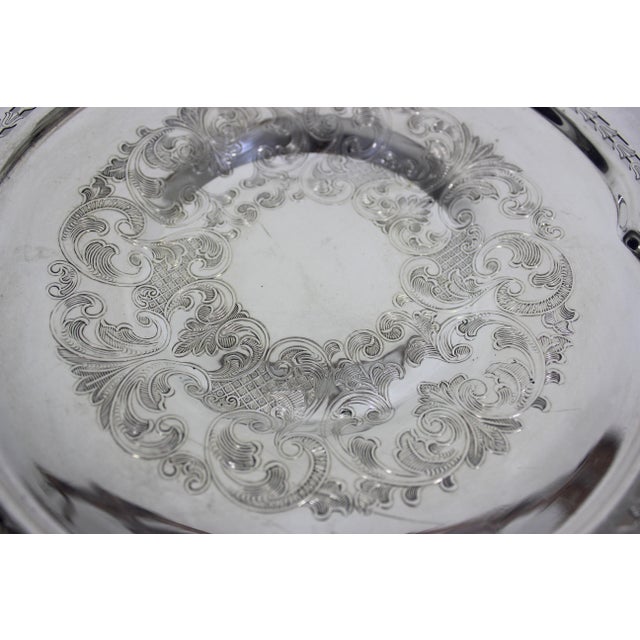 Metal Vintage 9.75” Silver Tray With Shell Detail Corners, Round Silver Plated Dish With Pierced Cutout and Tulip Design For Sale - Image 7 of 8