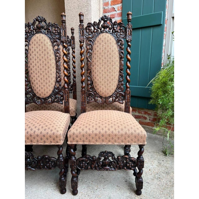 Set 4 Tall Antique French Dining Chairs Barley Twist Renaissance Carved Oak 1890 For Sale - Image 16 of 18