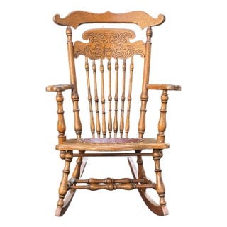Late 19th Century Pressed Back Oak Tooled Leather Rocking Chair For Sale