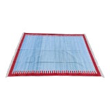 Handmade Cotton Zig Zag Pattern Rug, Sky Blue and Red Bordered 8'x10' For Sale