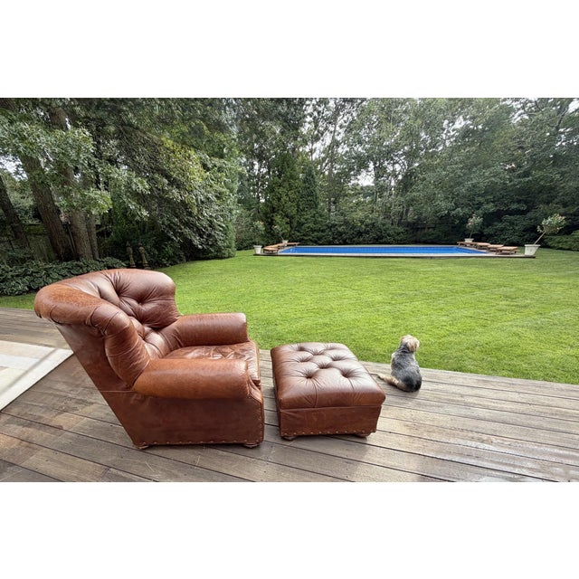 Cigar Leather Restoration Hardware Chair & Coordinating Ottoman, a Pair For Sale In New York - Image 6 of 18