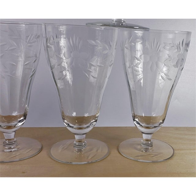 Vintage MidCentury Crystal Water Goblets Etched With Flowers and