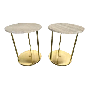 Contemporary Pair of Brass and Travertine Side Tables, Italy