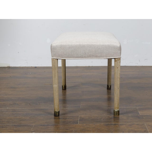 French Art Deco 1930s Bleached Walnut Bench with Brass Feet and Upholstery For Sale - Image 4 of 10