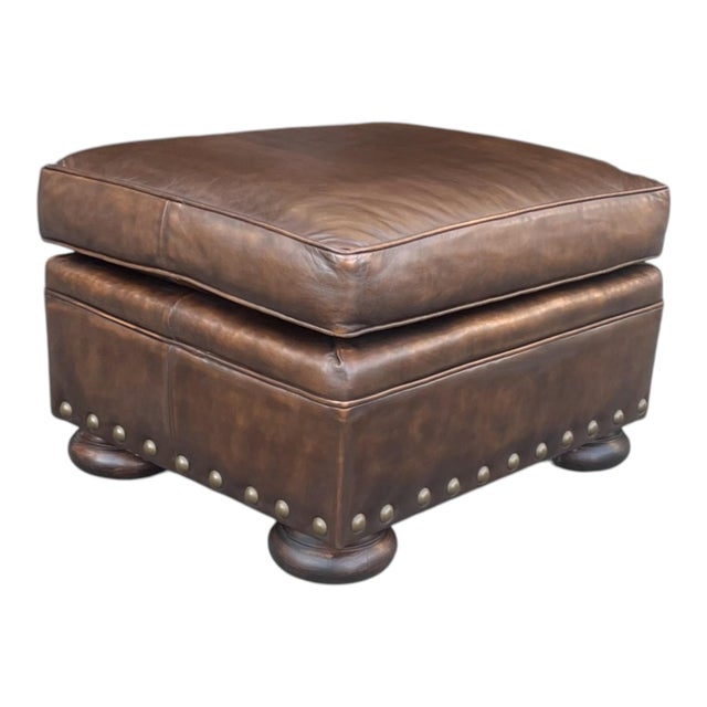 Wood 1960s Classic Pair of Brown Leather Ottomans With Brass Nailhead Trim For Sale - Image 7 of 14