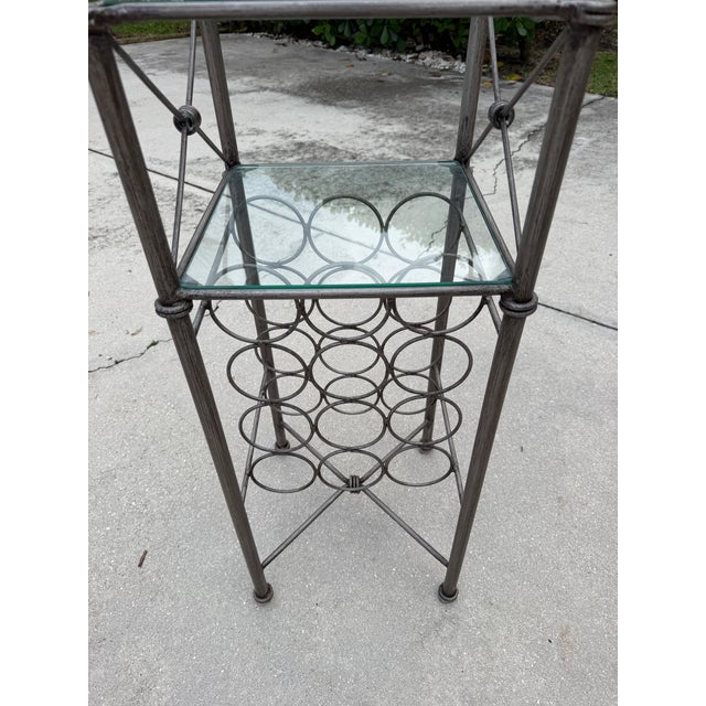 Late 20th Century Vintage Giacometti-Style Iron Wine Rack With Glass Shelves For Sale - Image 5 of 8