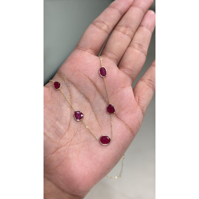 American 14k Gold 6.95ct Natural Mozambique Ruby Bezel Station Modern Necklace For Sale - Image 3 of 17