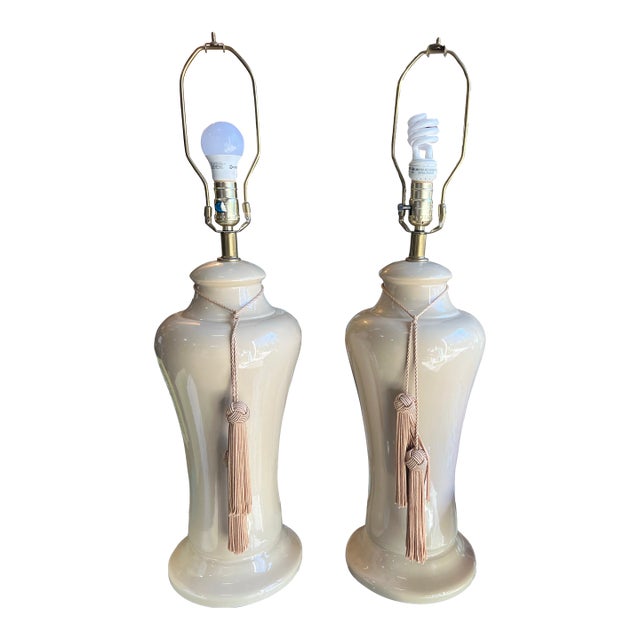 1970s Mid-Century Modern Ceramic Table Lamps With Light Pink Tassels - a Pair For Sale