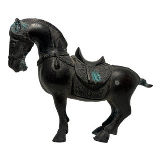 Vintage Chinese Bronze Tang Style War Horse Sculpture Statue With Patina For Sale