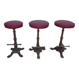 Set Three Antique Spanish Style Cast Iron Bar Stools Barstools Burgundy & Gold For Sale