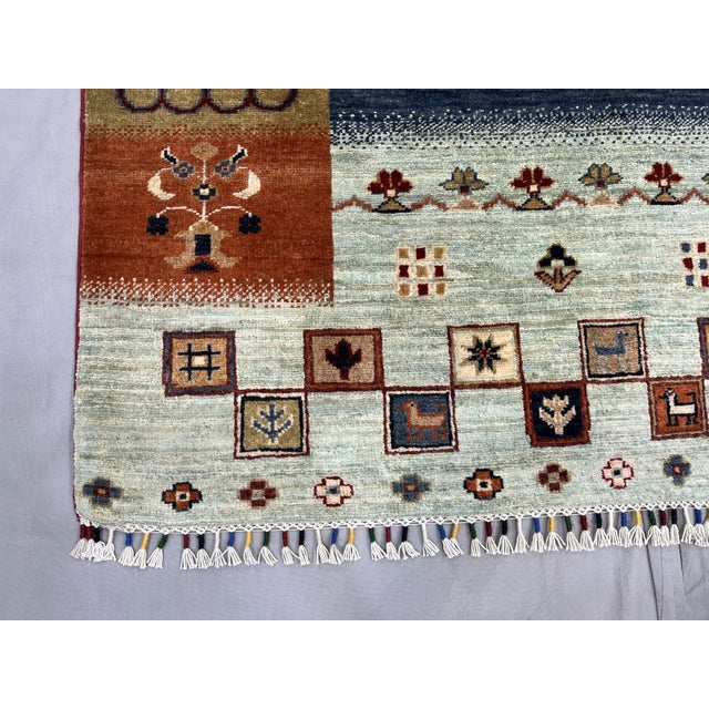 Textile Blue & Rust Afghan Sultani Pictorial Wool Rug, Natural Dye Khorjin Tribal Design, 6′5″ × 9′7″ For Sale - Image 7 of 12