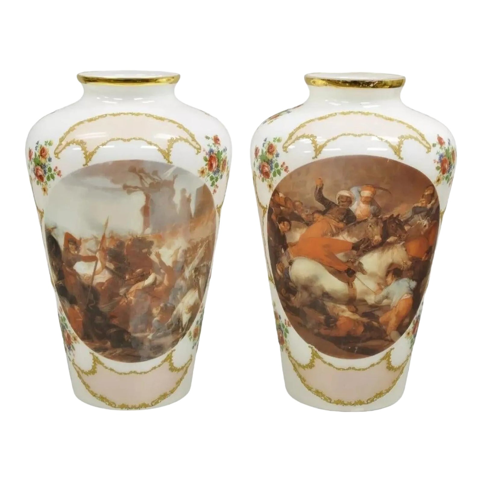 Vintage French Style Large White Blown Glass Transfer Scene Jar Vases ...