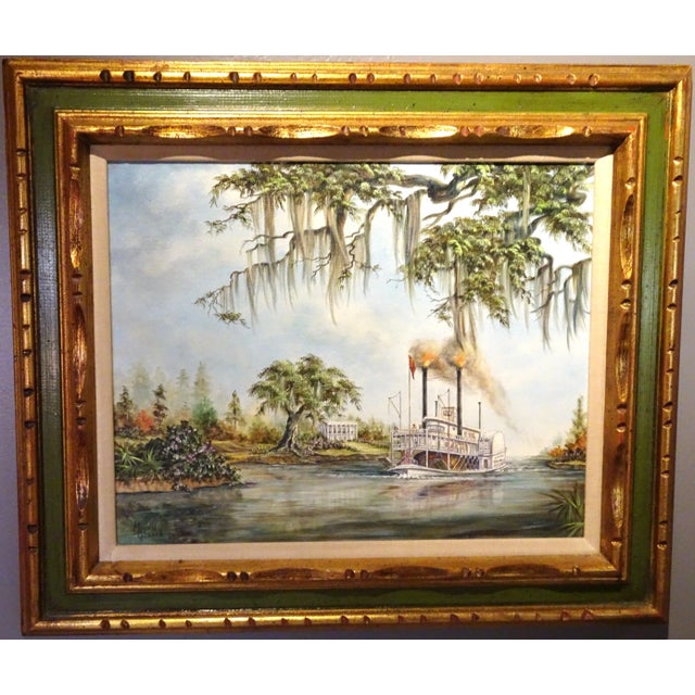 1960s Mississippi River Sidewheeler River Landscape Oil Painting on Canvas by Marcella Packard For Sale - Image 13 of 13