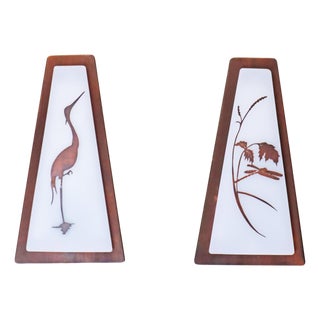 Mid-Century Modern Copper and Acrylic Glass Wall Lights with Heron & Dragonfly, 1950s, Set of 2 For Sale
