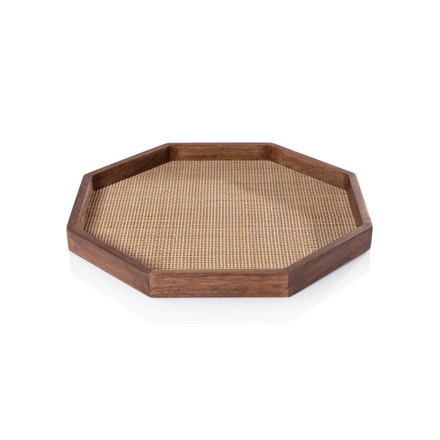 2020s Banyan Mango Wood with Rattan Inlay Octagonal Tray, Small For Sale - Image 5 of 5