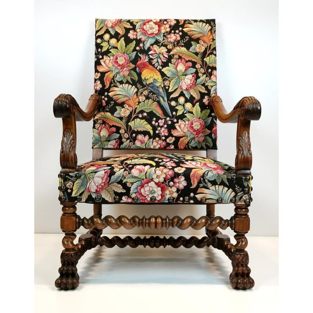 Antique Louis XIII and Renaissance Walnut Armchairs with Parrot Upholstery, 1890s, Set of 2 For Sale - Image 4 of 18