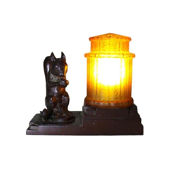 Art Deco Nuart Creations Art Deco Squirrel & Bird Accent Lamp With Amber Shade C1930 For Sale - Image 3 of 9
