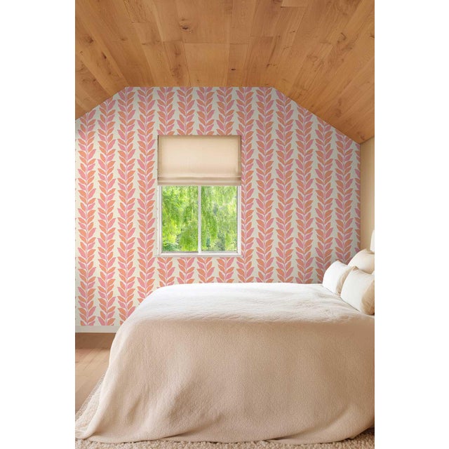Garden Leaf Stripe Grasscloth Wallpaper by House Party | Blush Pink & Coral | 6 Yards For Sale - Image 4 of 6