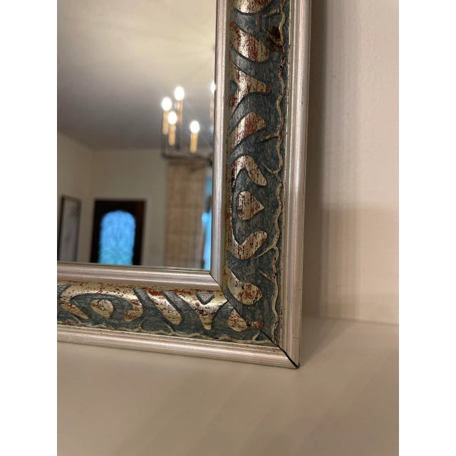 Silver Traditional Silver Ornate Wall Mirror With Teal & Terra Cotta Underlay For Sale - Image 8 of 9