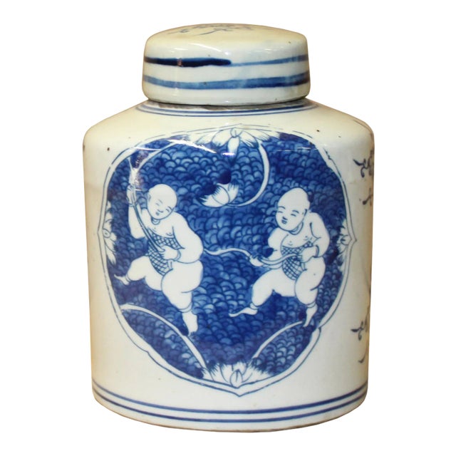 Chinese Blue White Ceramic Double Kids Graphic Container Urn Jar For Sale