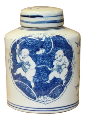 Chinese Blue White Ceramic Double Kids Graphic Container Urn Jar