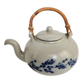 Salmon Falls Stoneware Blueberry Teapot, Dover, n.h. 2002 Lidded Teapot With Blue Vines and Berries With Bamboo Handle For Sale