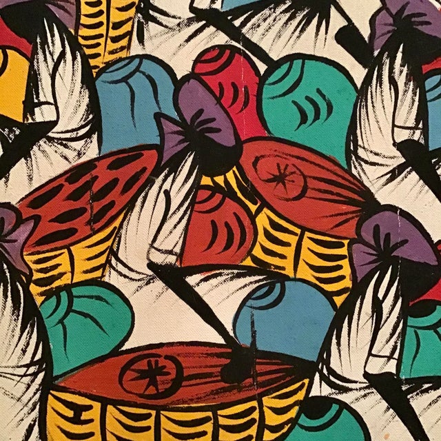 “Market Day” Mid Century Haitian Oil on Canvas Painting For Sale - Image 4 of 5