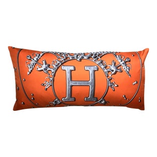 Hermes Vif Argent Orange & Silver Vintage Silk Scarf Lumbar Pillow For Sale