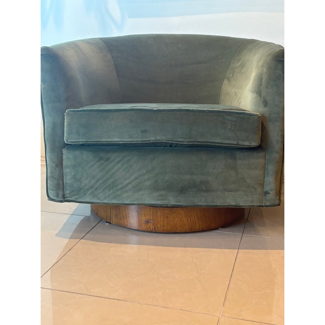 Vintage Pair Milo Baughman for Thayer Coggin Walnut & Green Velvet Swivel Chairs For Sale - Image 12 of 12
