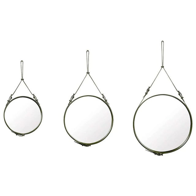 Mid-Century Modern Jacques Adnet Small Circulaire Mirror With Brown Leather For Sale - Image 3 of 7