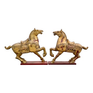 Vintage Asian Gilt Carved Wooden Emperor Horses - a Pair For Sale