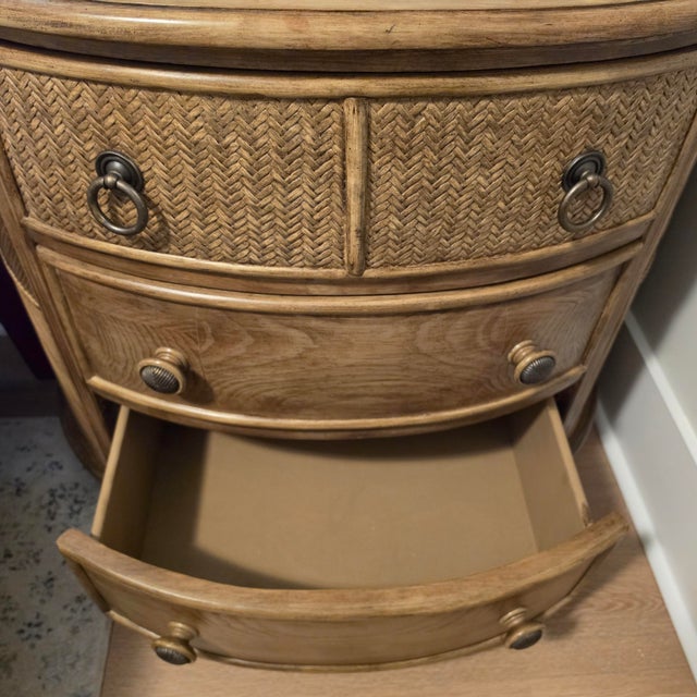 1990s Braxton Culler Coastal Demilune 3 Drawer Chest - Woven Rattan Reed & Oak - Carved Melon Feet - 36" W For Sale - Image 14 of 17